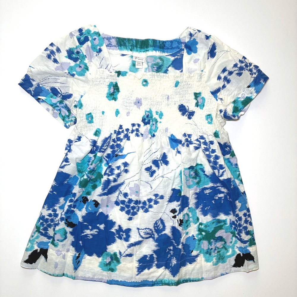 Venezia Smocked Floral Blouse Lightweight Cotton Summer Blue Feminine 2XL 18/20